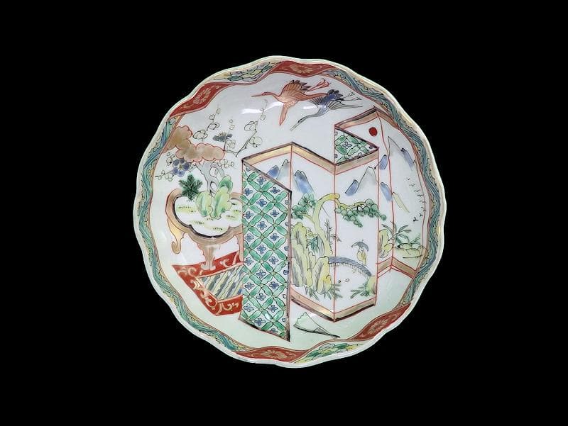 古伊万里 色絵 屏風図に双鶴の図 膾皿 5枚 D299AS-fbty