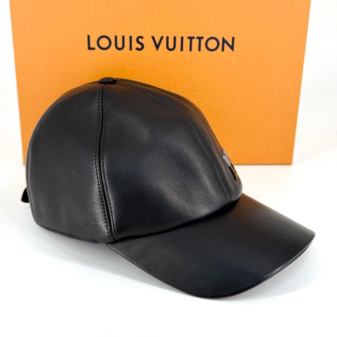 美品 ルイヴィトン LV デュアル レザー キャップ ブラック 6パネル 黒