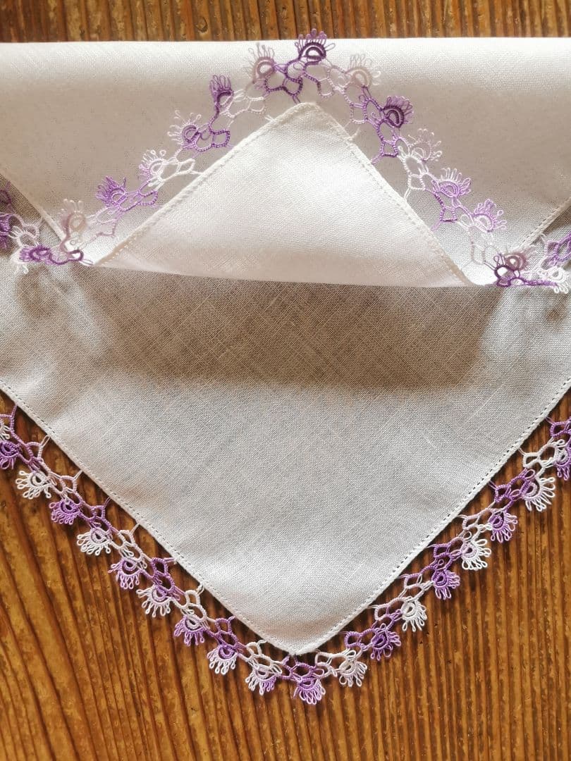 アンティーク タティングレース編装飾 天然リネンクロス ラベンダー