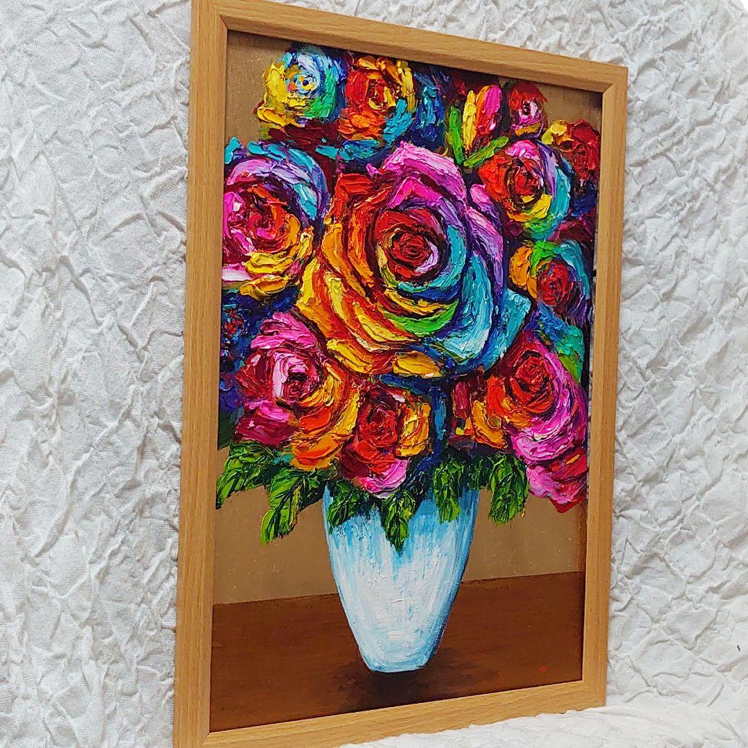 油絵 絵画 レインボーローズ【Ａ3】