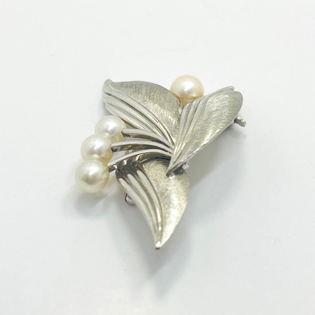 MIKIMOTO ミキモト パール ピンブローチ コサージュ シルバー リーフ