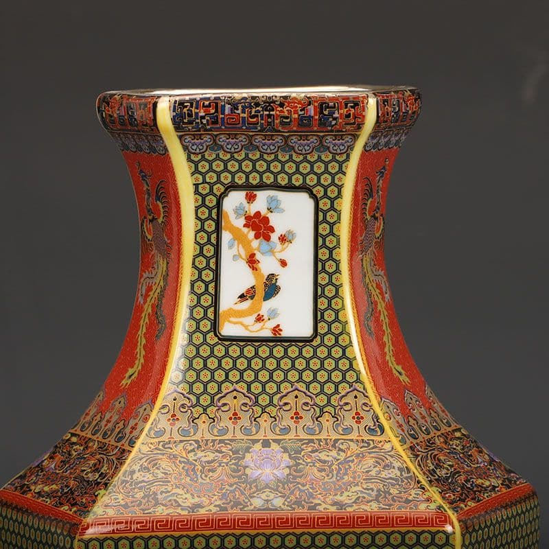 清雍正蒔金花鳥六方瓶 景徳鎮 陶磁器 装飾品 現代工芸品 美術品 置物