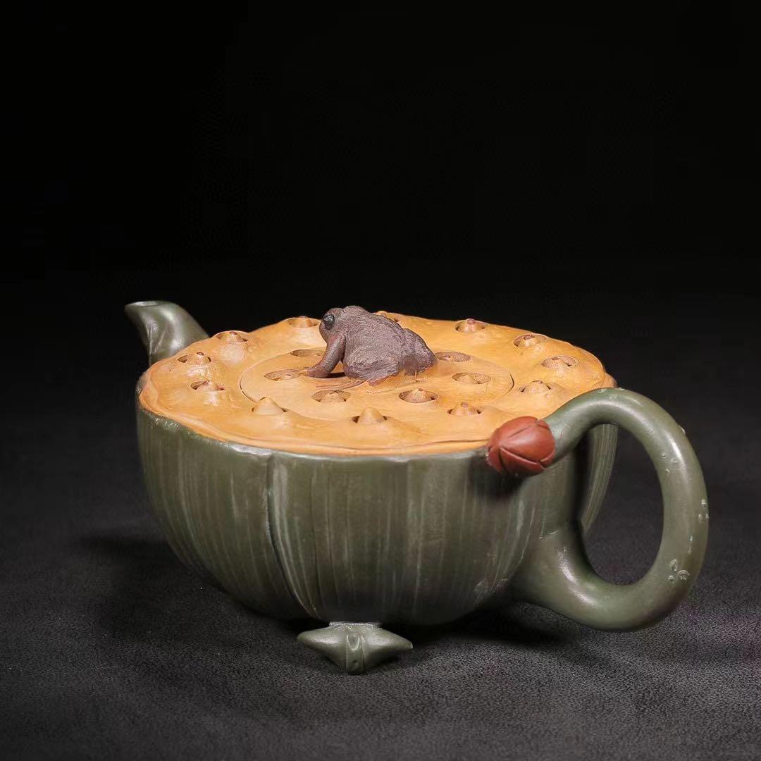 中国古美術・原鉱段泥 カエル蓮子壺 、底槽款:蒋蓉紋、