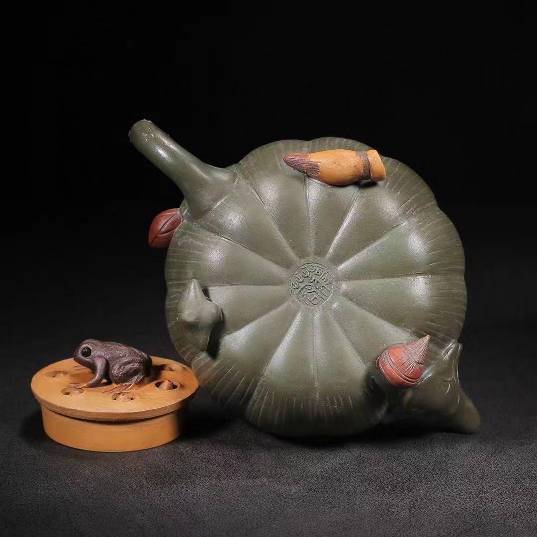 中国古美術・原鉱段泥 カエル蓮子壺 、底槽款:蒋蓉紋、