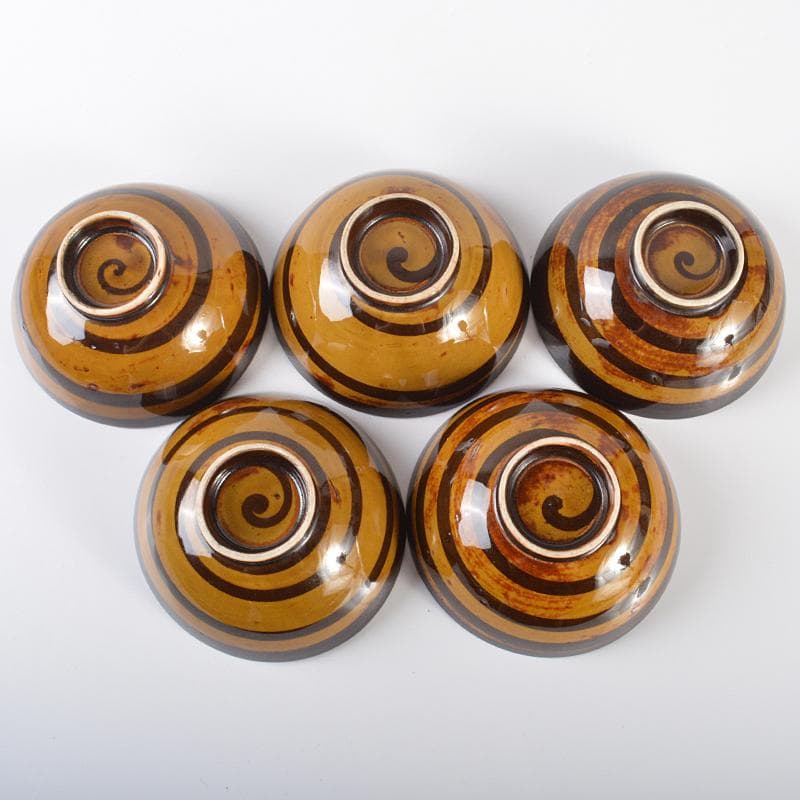 和食器 飴釉 寿字螺旋文 茶碗 五客 時代箱付 V R6414