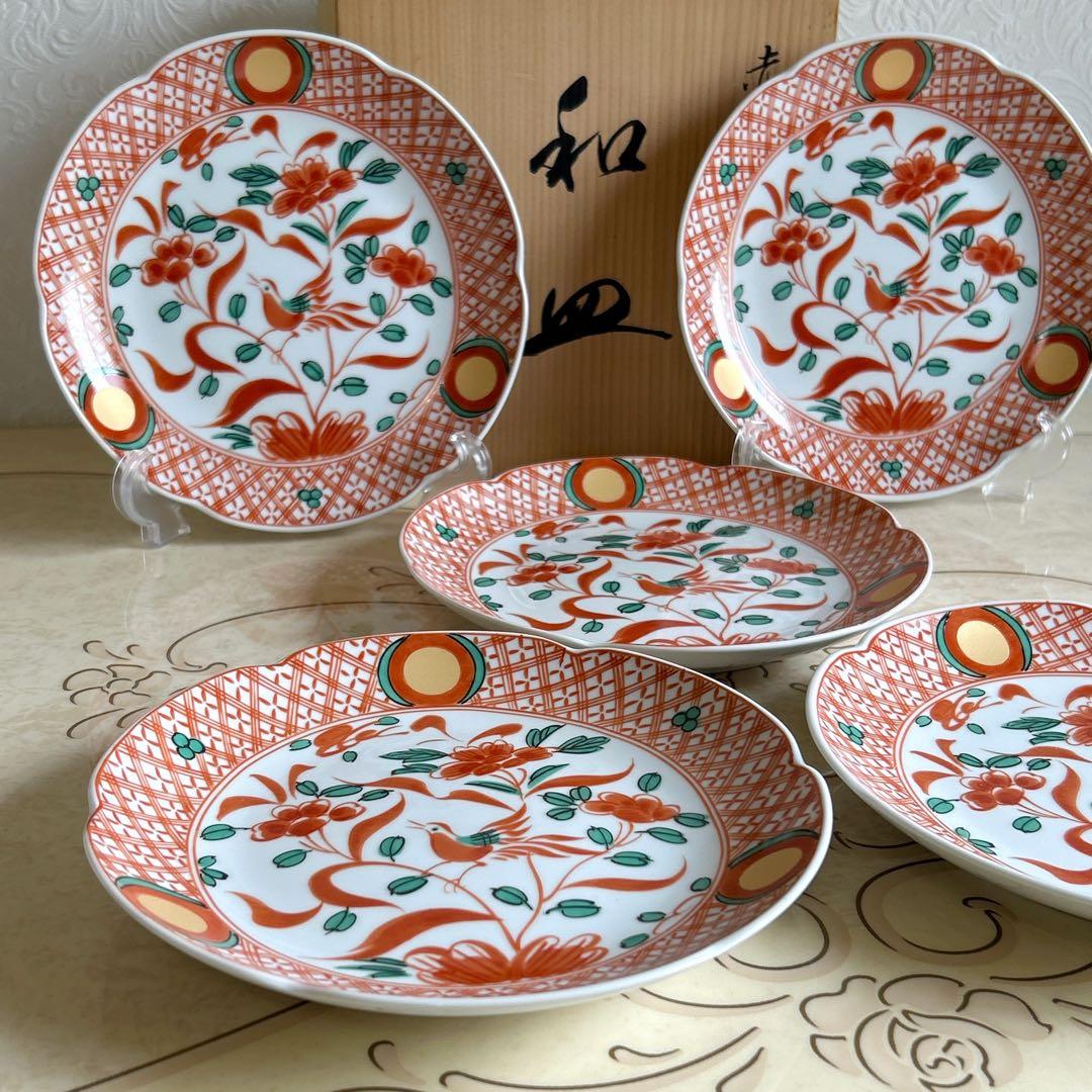 たち吉 赤絵花鳥 金彩丸紋 中皿揃 5枚セット 和皿 古伊万里 色絵 和