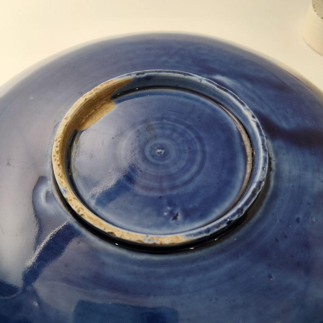 M248 中国 清時代 青釉陽刻花鳥文中皿 直径21㎝