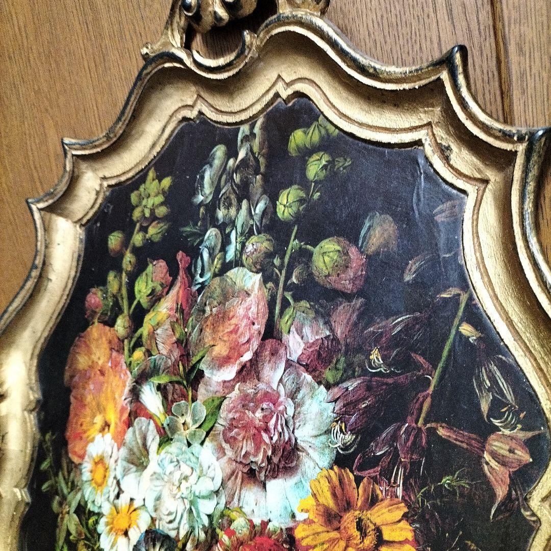 イタリア製　木製花の絵画 トレー　お盆　装飾的フレーム付き