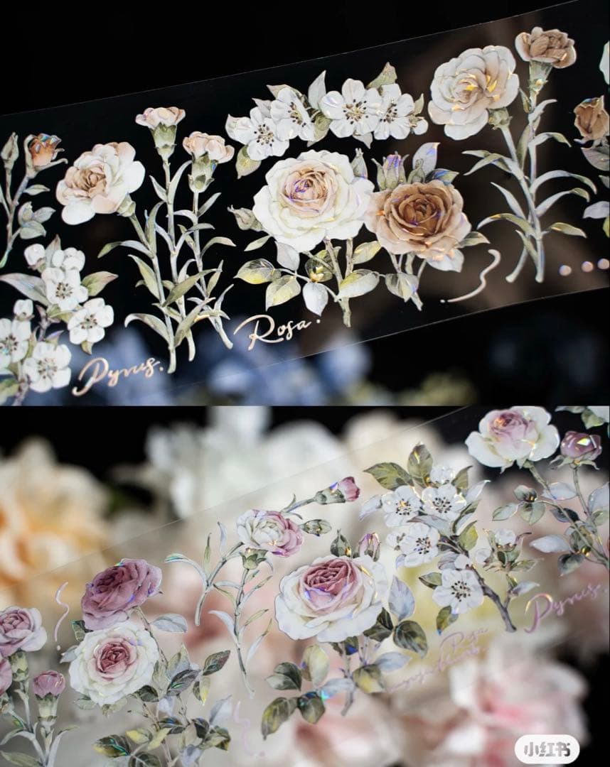 海外マスキングテープ巻売り 茶香薔薇 フラワー花 贝壳光petテープ