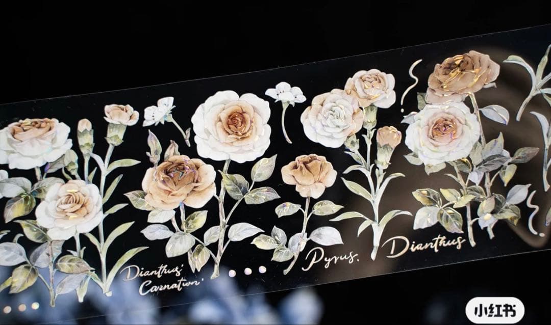 海外マスキングテープ巻売り 茶香薔薇 フラワー花 贝壳光petテープ