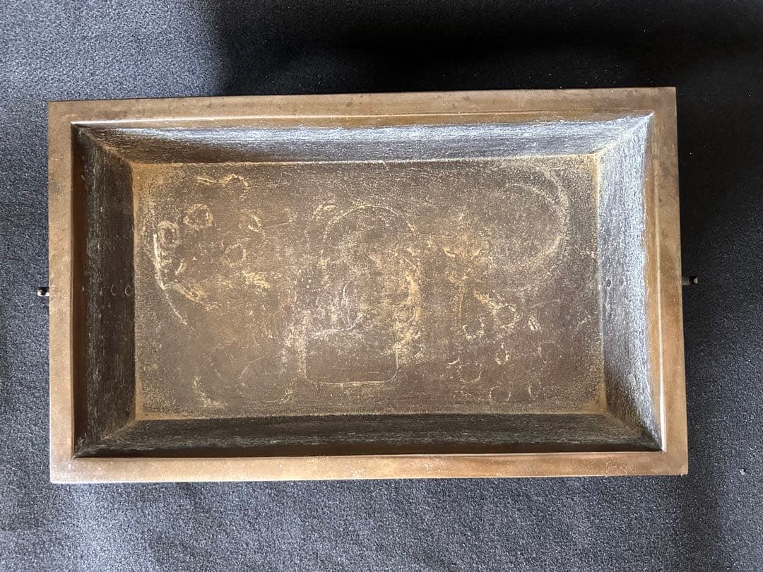 唐銅　広口　長方砂鉢　水盤　高10cm 重さ約4kg　古銅 双耳 華道具 共箱