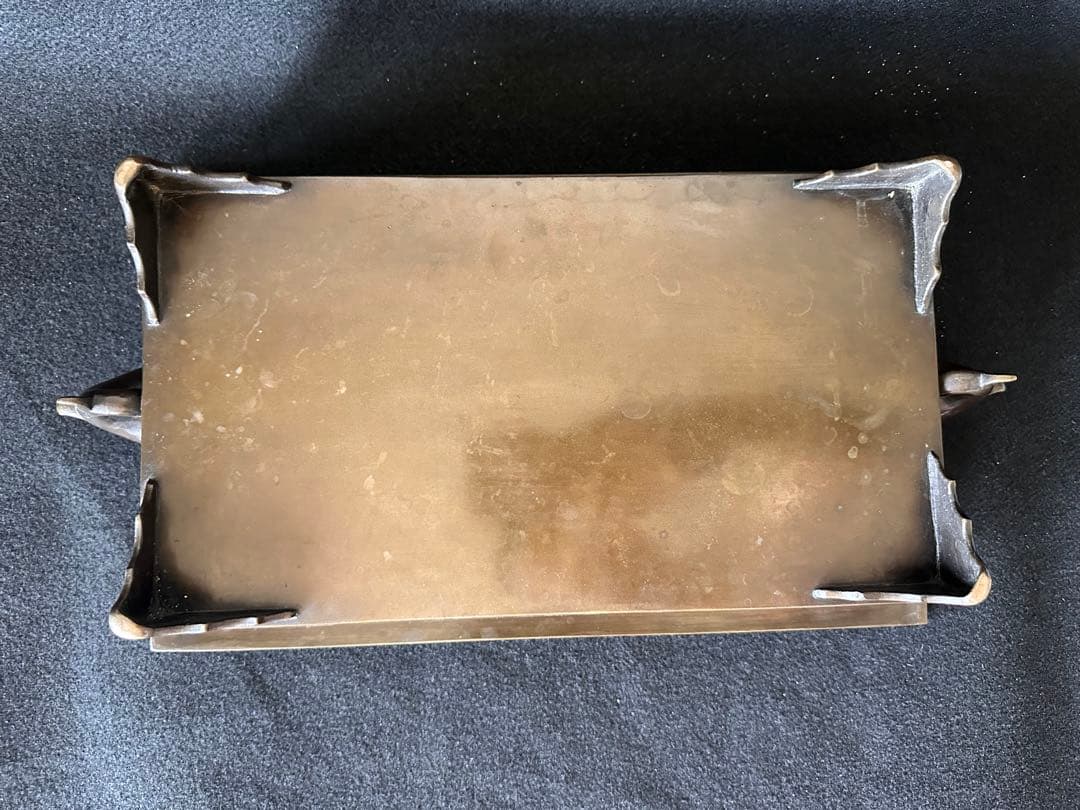 唐銅　広口　長方砂鉢　水盤　高10cm 重さ約4kg　古銅 双耳 華道具 共箱