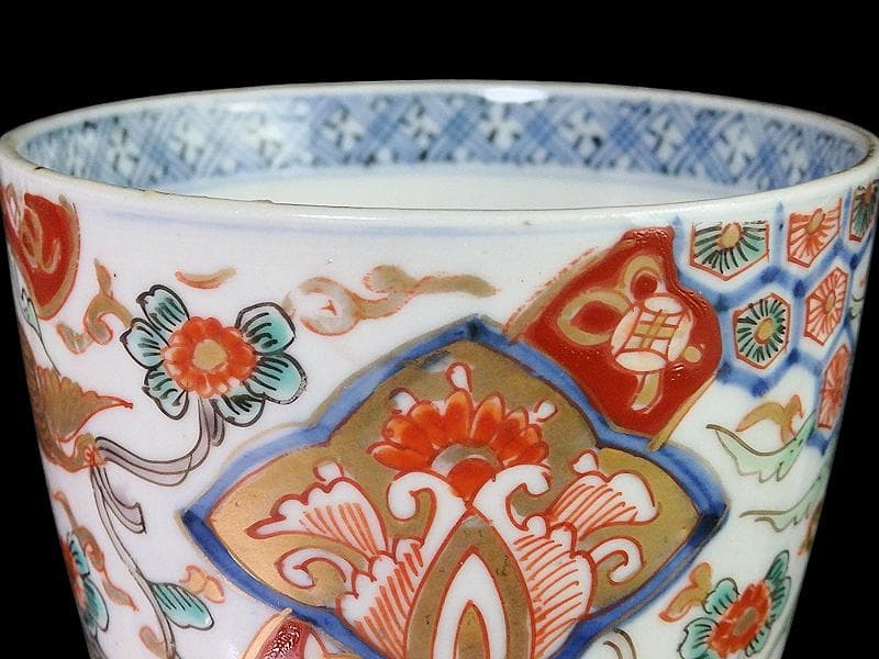 古伊万里 花に七宝紋 菊花四方襷紋に鳳凰の図 蕎麦猪口 E209AS-CXg