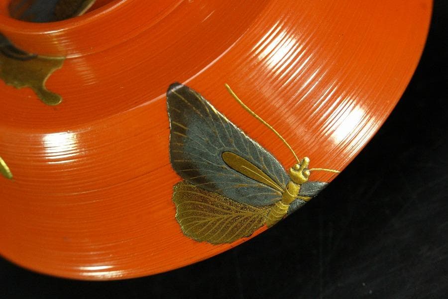 京都 象彦 造 群蝶蒔絵 朱刷毛目 小吸物椀 五客 共箱 美品(K-XA804