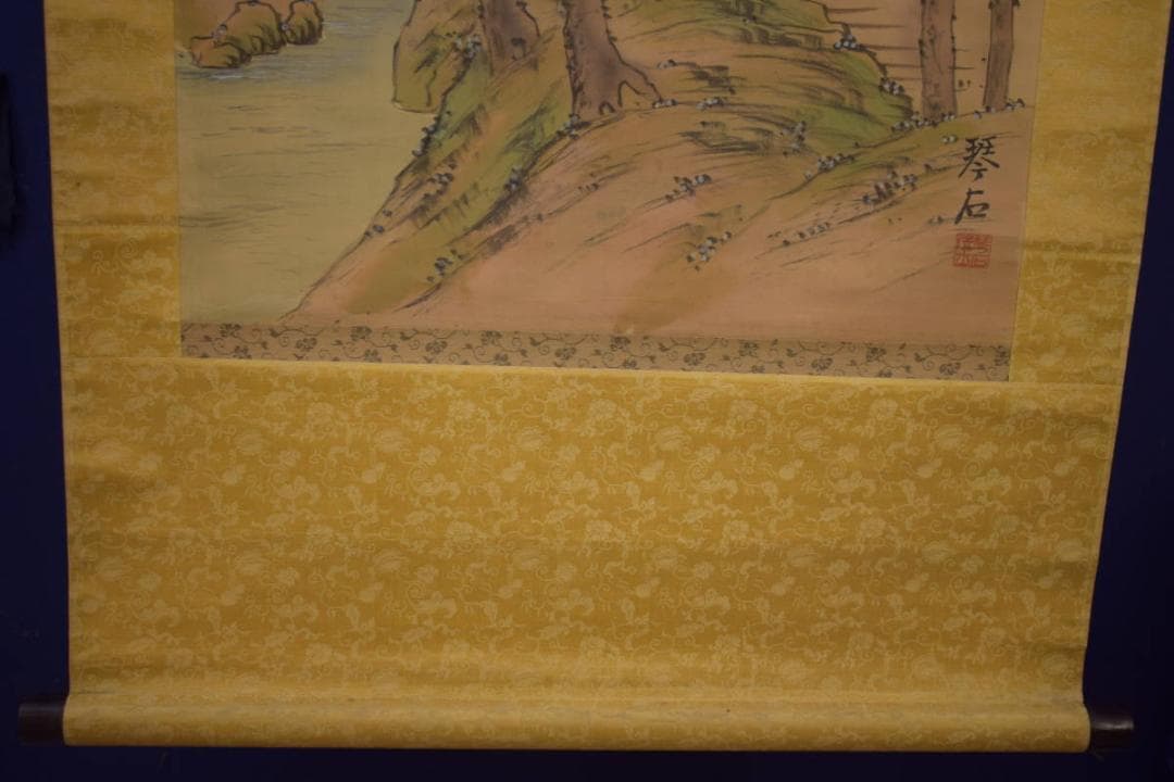 真作/琴石/山水人物図/高士人物図/松林人物図/布袋屋掛軸