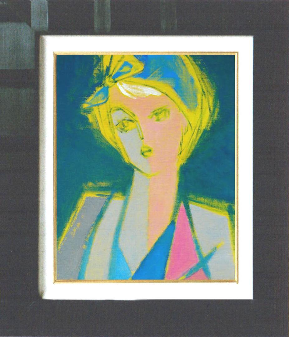 油絵 菅家令子 絵 絵画インテリア額付(青緑＋金色の枠) F6-080612女性