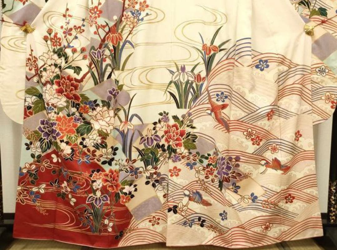 振袖フルセット6点サイズM〜L駒刺繍 流水鴛鴦花文 金彩