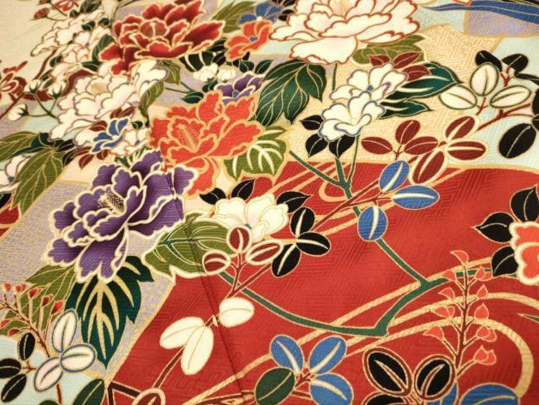 振袖フルセット6点サイズM〜L駒刺繍 流水鴛鴦花文 金彩