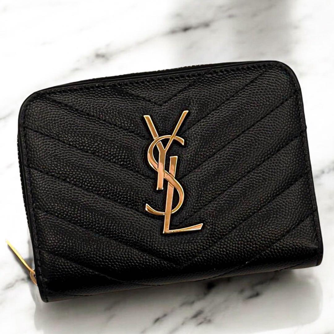 極美品 サンローラン 二つ折り財布 YSL 小銭入れ  カード キャビア サンローラン SAINT LAURENT 財布 二つ折り財布 折りたたみ財布 小銭