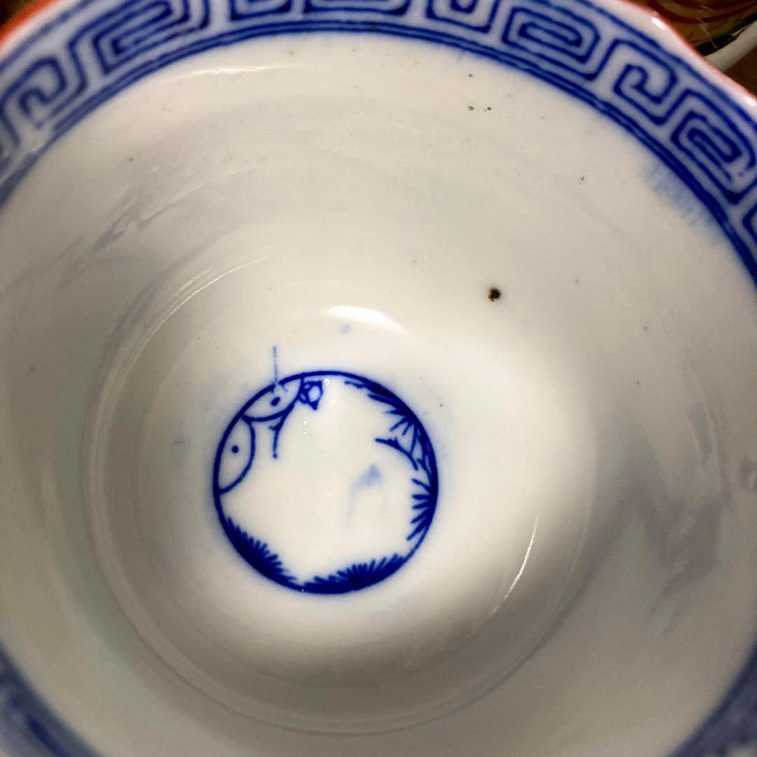 骨董品 古伊万里 色絵金彩 鶴亀紋図 雷文縁 小鉢 蕎麦猪口