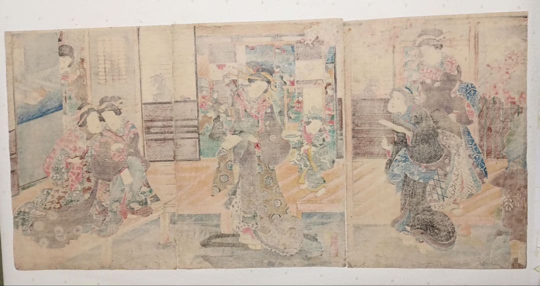 浮世絵版画、當世美人花之賑三枚綴り国輝舎国彦画（歌川国彦)安政2年