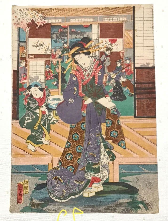 浮世絵版画、當世美人花之賑三枚綴り国輝舎国彦画（歌川国彦)安政2年