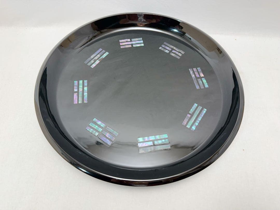 ほぼ未使用 茶道具 木製黒塗 螺鈿細工 青貝 八卦盆 元箱