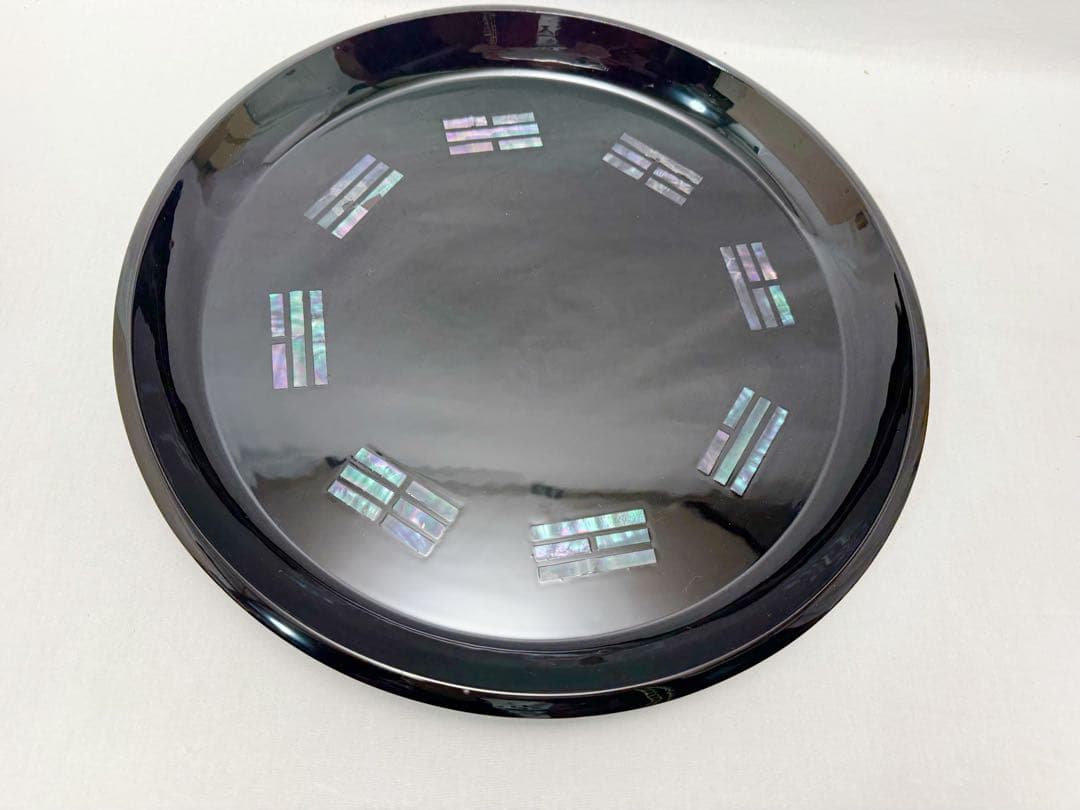 ほぼ未使用 茶道具 木製黒塗 螺鈿細工 青貝 八卦盆 元箱