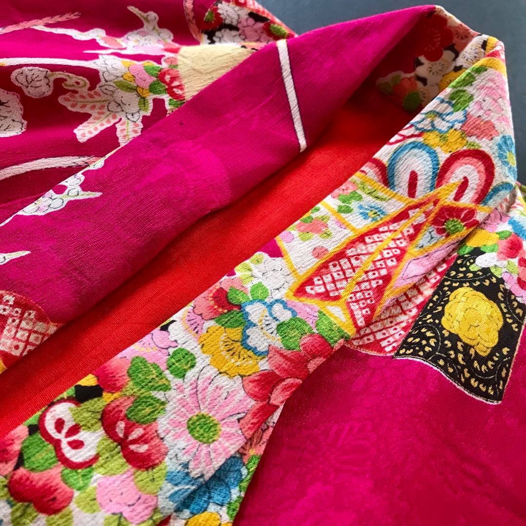 正絹 アンティーク着物 女の子 七五三 ◇檜扇 折鶴 まり 古典柄