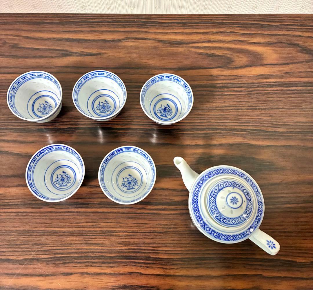 透かし彫り 蛍手 見込みに菊 染付 中国茶器セット 急須と茶碗5個 骨董