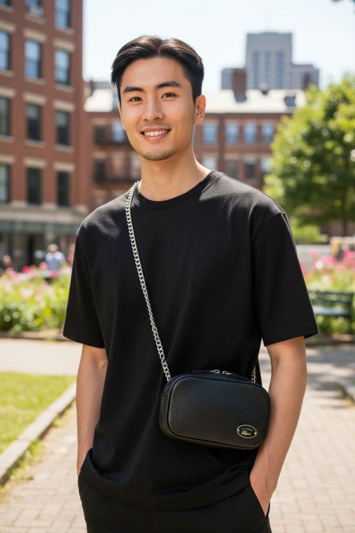 美品 ラコステ オリジンクロコ トップグレインレザースクエアショルダーバッグ