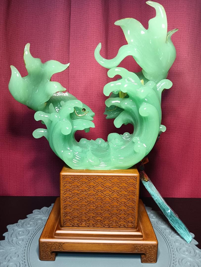 中国風水飾り 緑の魚彫刻置物