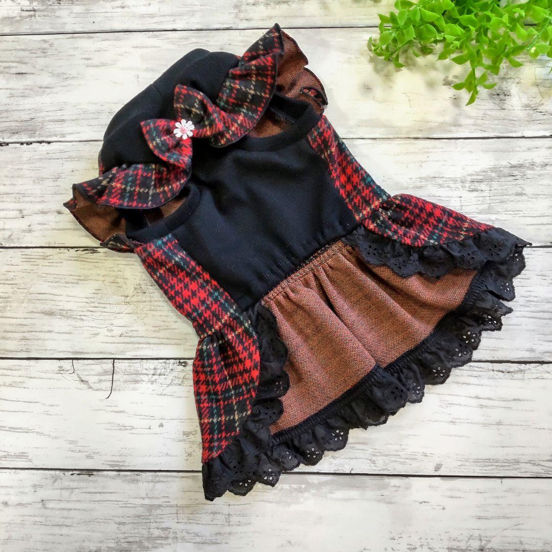 犬服 No.168 スコットチェック赤わんぴ ハンドメイドSale品