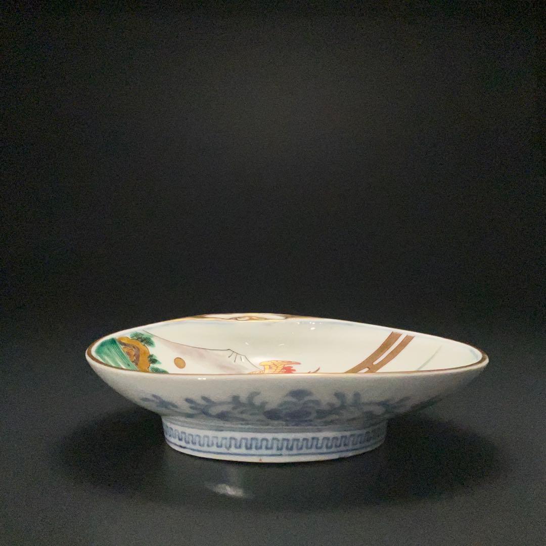 伊万里金襴手 富士と松鶴図貝形皿　古伊万里　骨董　R1285w1ダB