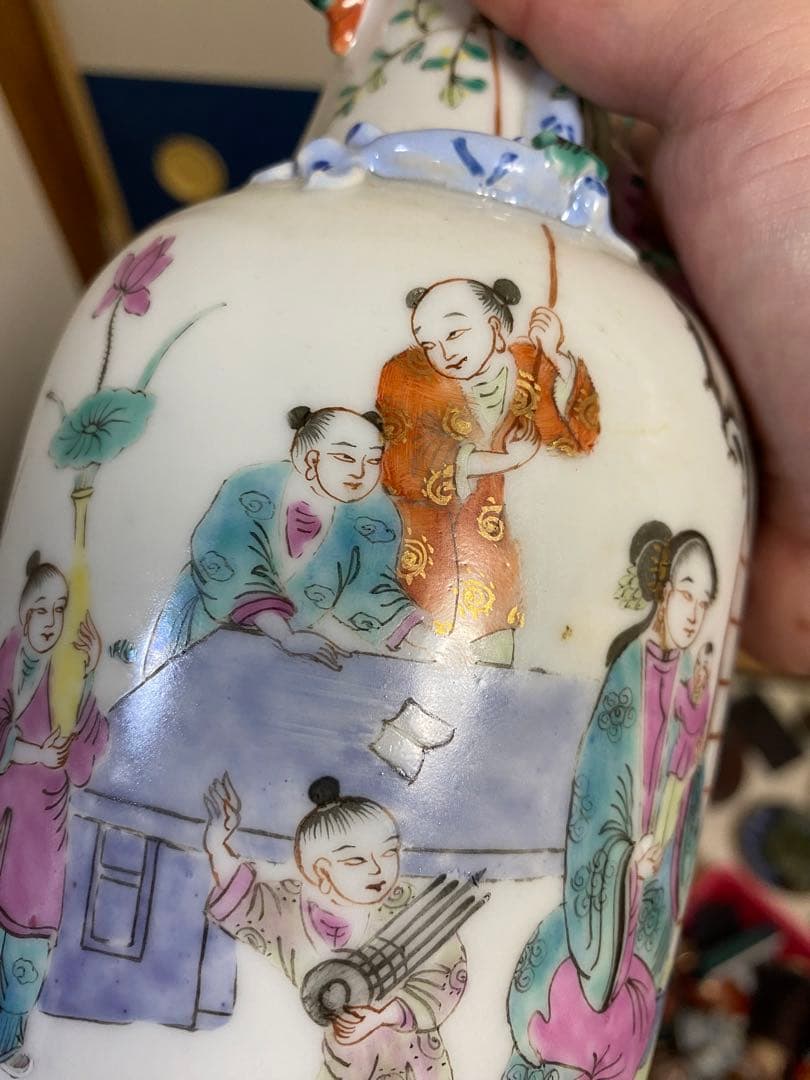 花瓶 極細工 骨董 清 中国美術 唐物 花入　粉彩 人物