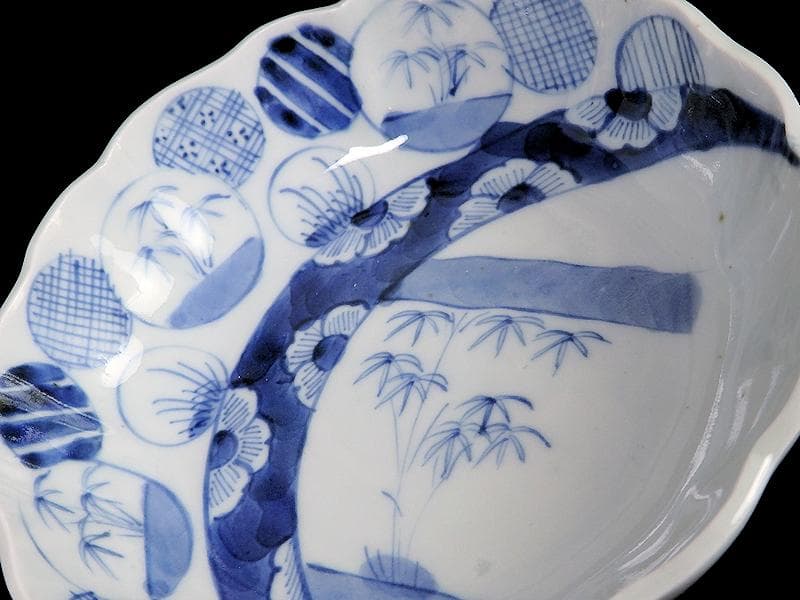 古伊万里 染付 丸紋 月に笹の図 膾皿 2客 江戸