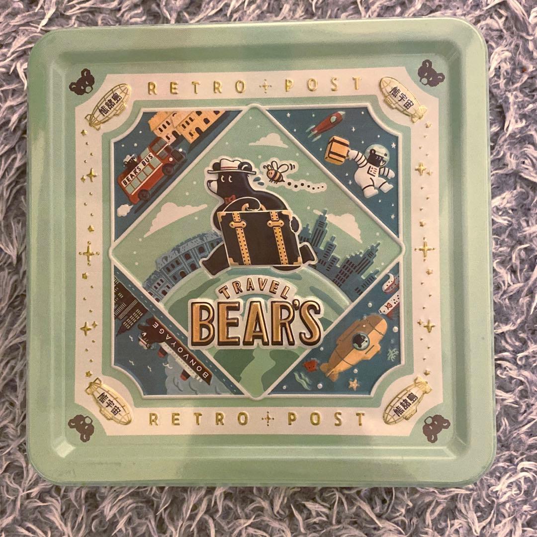 オビワン ROKKAKU 旅熊エンボス缶 レトロ郵便 文具女子博 缶 グリーン