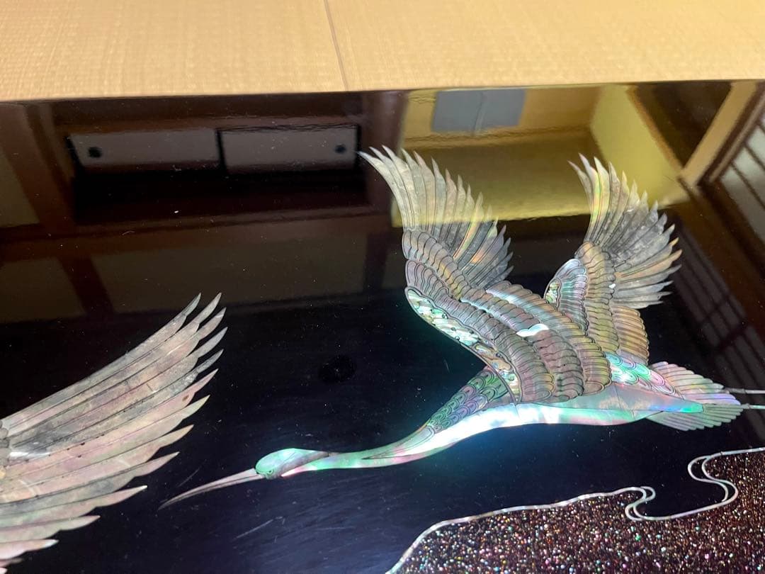 螺鈿細工 鶴 松 木製漆塗り 大型座卓 センターテーブル 黒ビンテージ