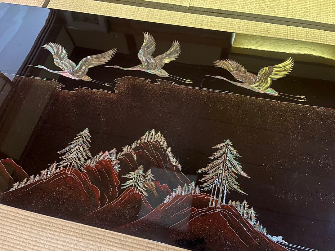 螺鈿細工 鶴 松 木製漆塗り 大型座卓 センターテーブル 黒ビンテージ