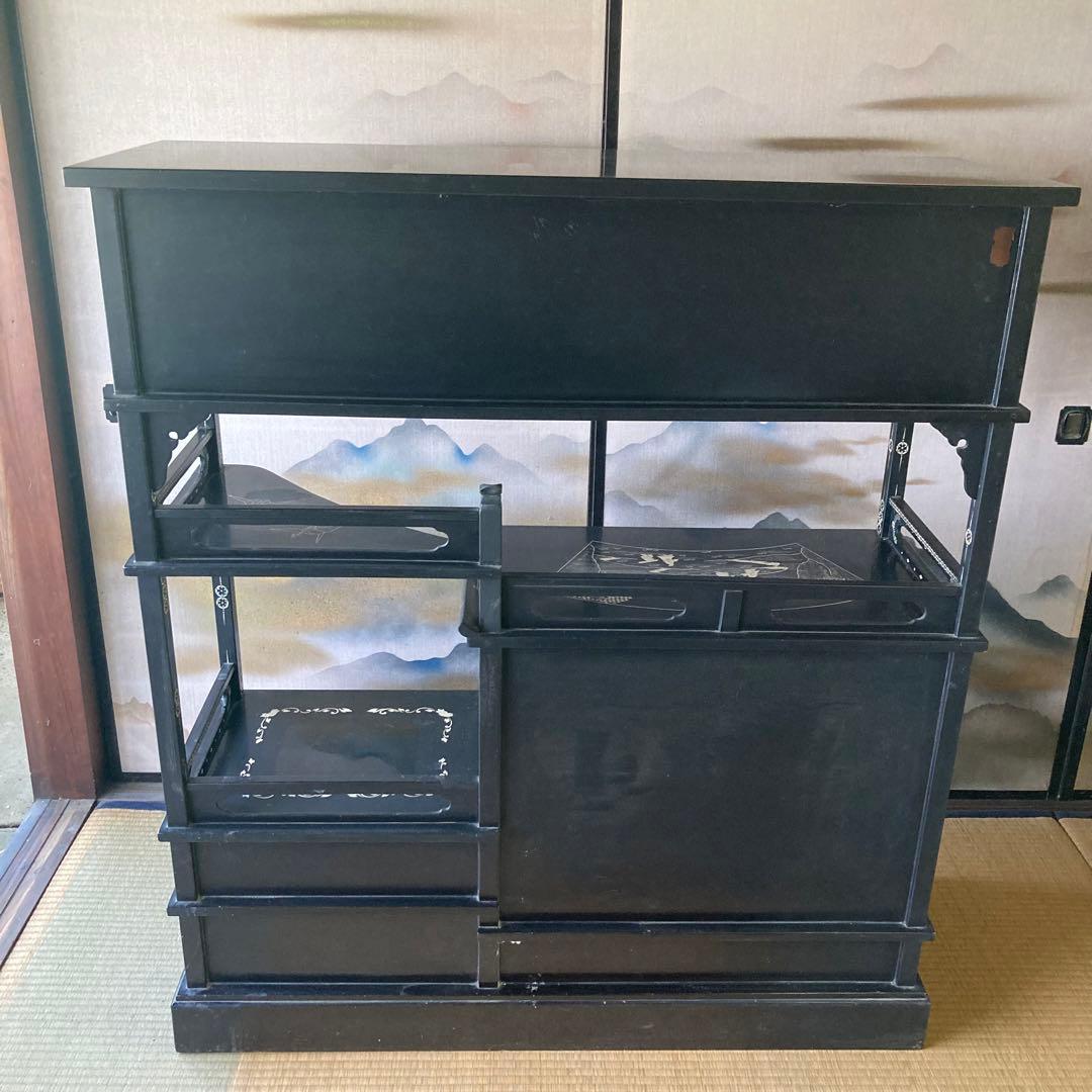 輪島塗 螺鈿細工 飾り棚 茶箪笥 段違い 違棚 黒漆 唐子 高級 和式 アコヤ貝