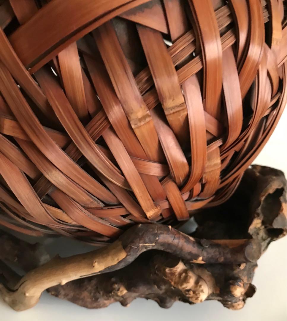 骨董品 竹製天然木 二重構造花入れ オブジェ 華道