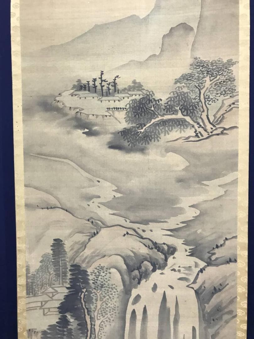 【真作】亀田鵬斎/瀧山村図/山水図/江戸後期/掛軸/名家伝来/AC-178