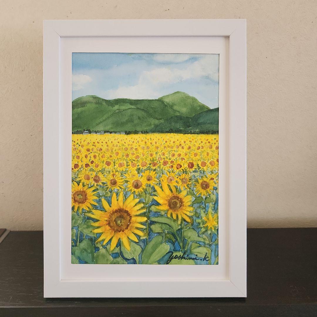 1585 A5フレーム入り「ひまわり畑」水彩画、風景画、原画、絵画、花の