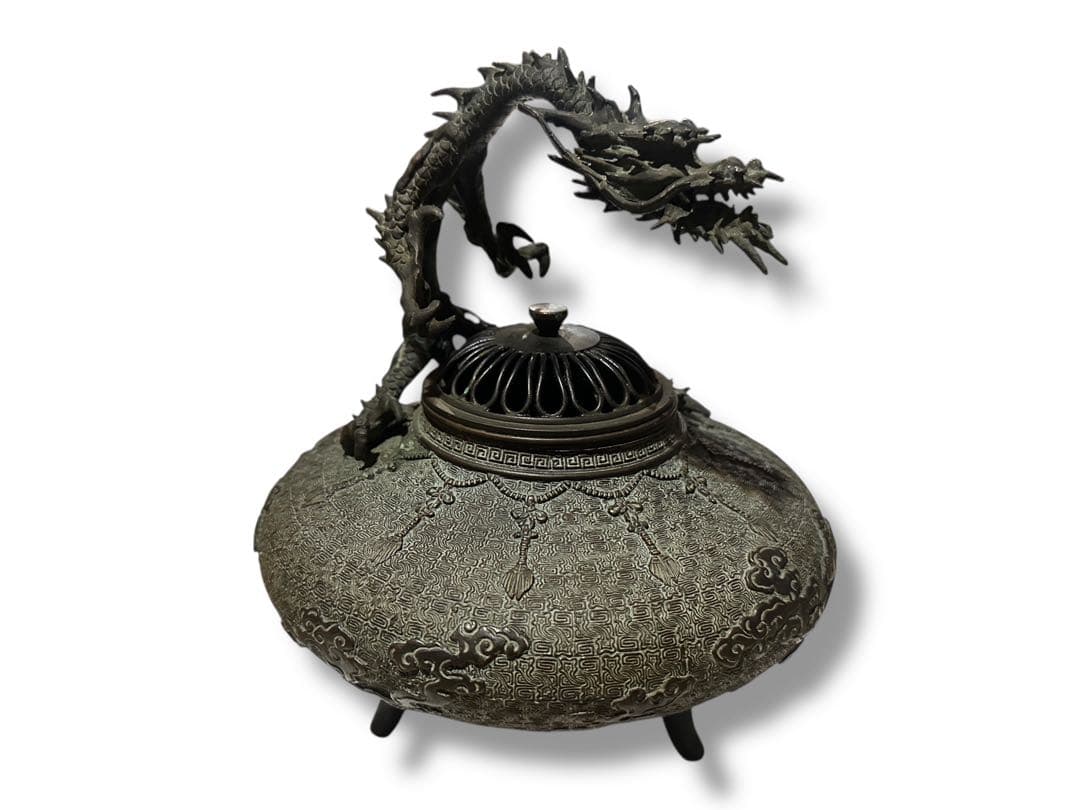 名工 米田秀保造 銅製 立龍提手 三足香炉 高岡銅器