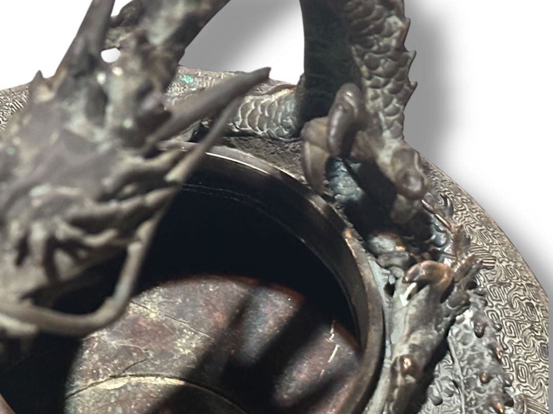 名工 米田秀保造 銅製 立龍提手 三足香炉 高岡銅器