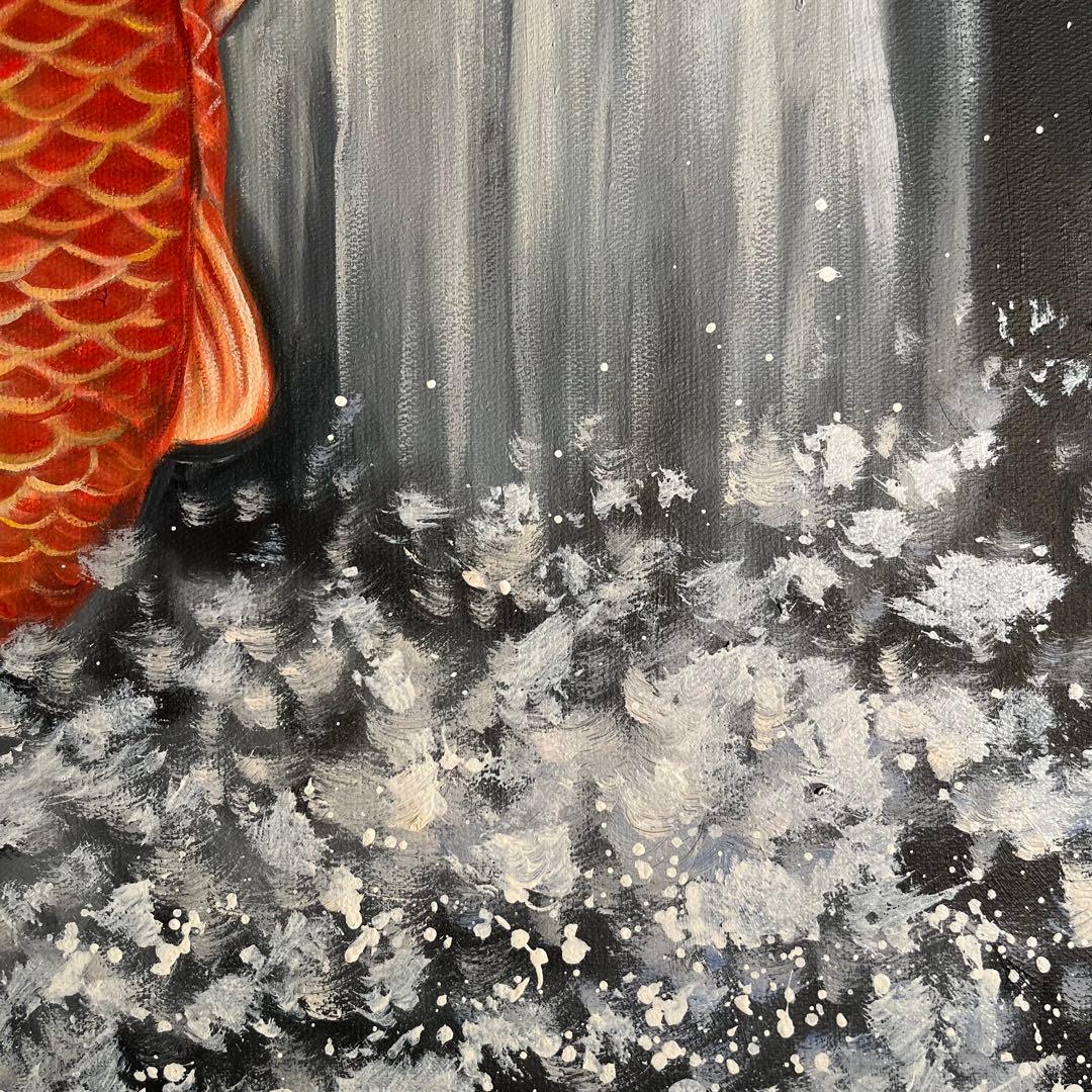 ☆大型絵画☆手書き油絵 鯉の滝登り 額付 絵画 インテリア 開運 金