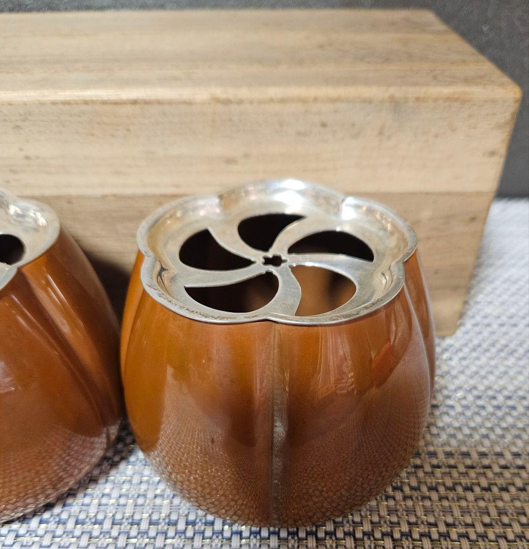 銀座 山崎商店謹製　赤銅　阿古陀香炉　一対　 共箱　茶道具　香道具　透かし蓋附属
