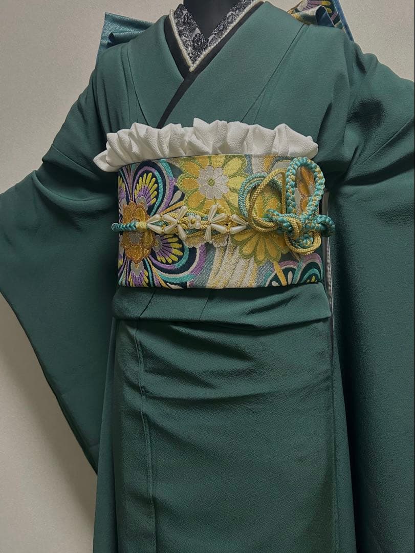 深緑色の豪華な古典振袖フルセット 正統派古典 深緑/グリーン(緑色) 桜