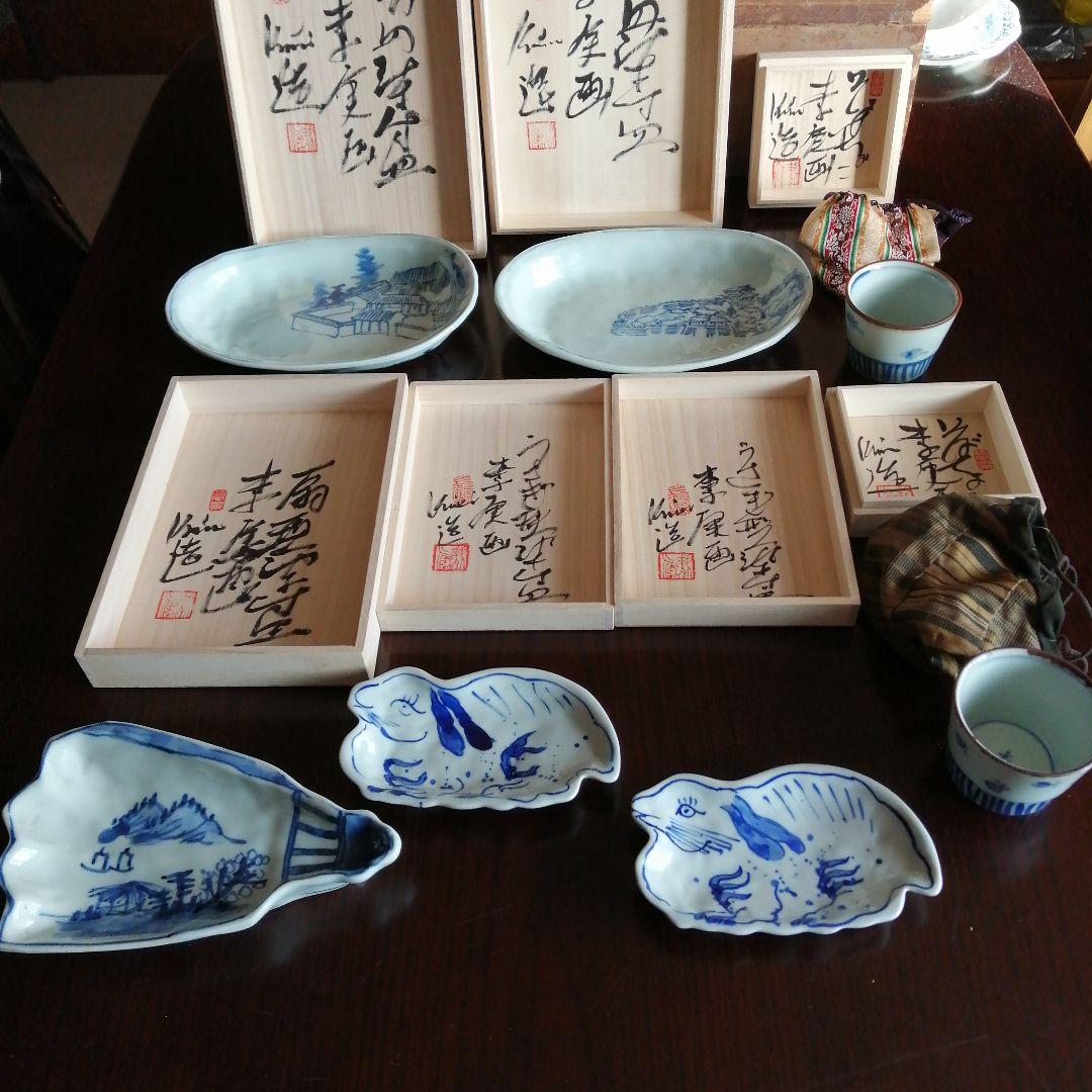 水墨画家　李庚　染付皿・蕎麦猪口7個まとめ売り 水墨画家 李庚 染付皿・蕎麦猪口7個まとめ売り