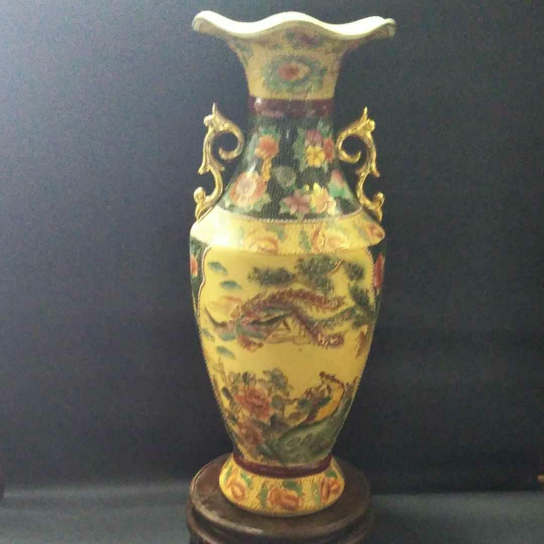 ※中国古美術/黃泥松鶴紋隻龍耳瓶/